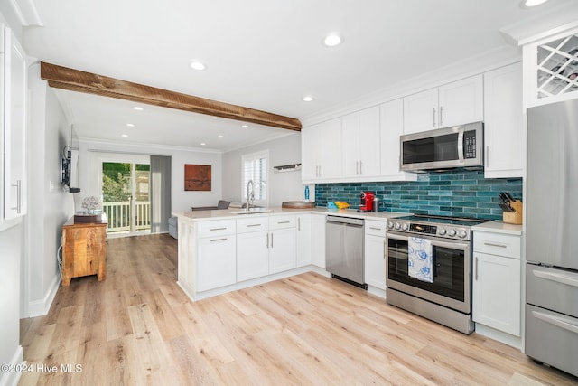 kitchen with kitchen peninsula, appliances with stainless steel finishes, white cabinetry, and beamed ceiling