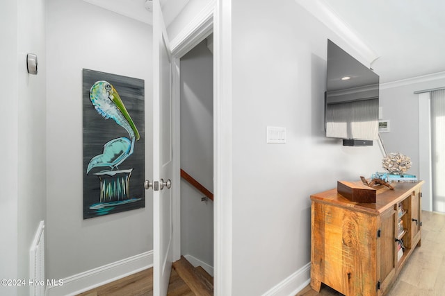 hall with crown molding and light hardwood / wood-style flooring