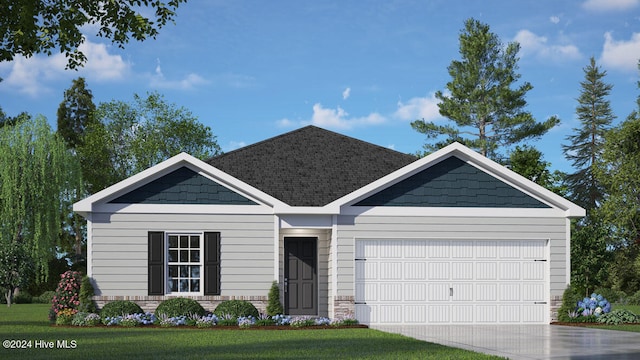 view of front of home with a front lawn and a garage