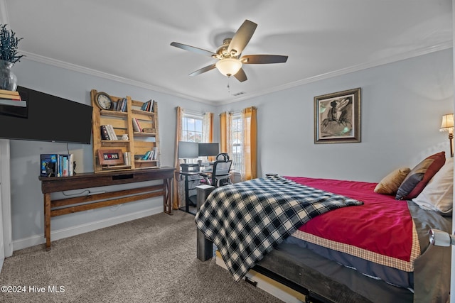 bedroom featuring carpet flooring, ceiling fan, and ornamental molding