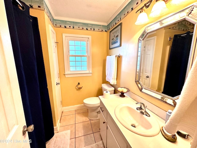 bathroom with tile patterned floors, crown molding, a textured ceiling, toilet, and vanity