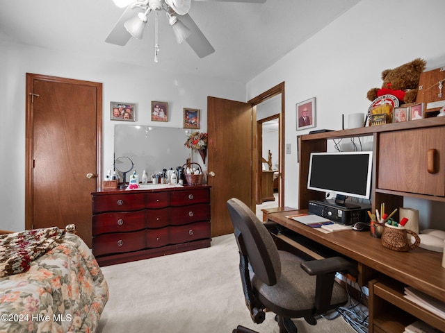 bedroom with light colored carpet and ceiling fan