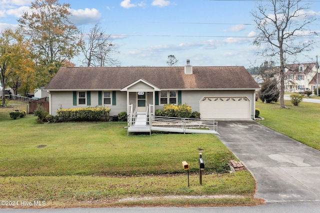 single story home featuring a front yard and a garage