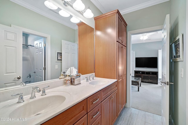 bathroom with crown molding and vanity