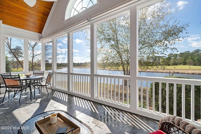 sunroom / solarium with wood ceiling, a healthy amount of sunlight, and a water view