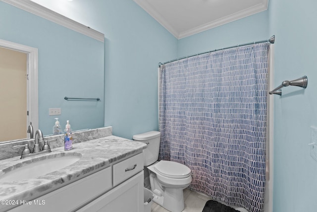 bathroom featuring a shower with shower curtain, vanity, toilet, and ornamental molding