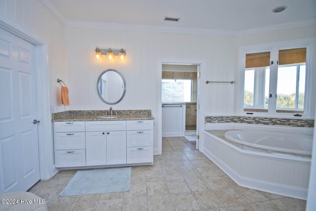 bathroom with tile patterned floors, vanity, crown molding, and plus walk in shower