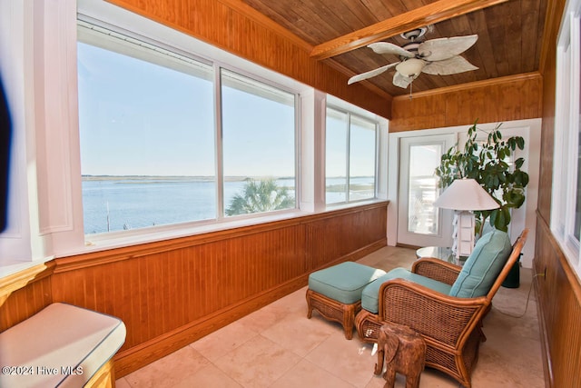 sunroom featuring ceiling fan, beam ceiling, a water view, and wooden ceiling