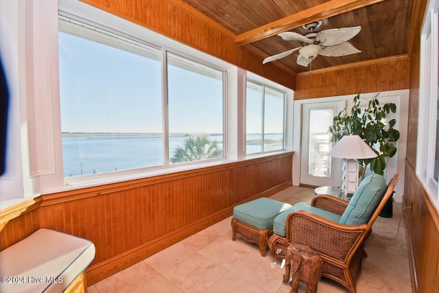 105 Wind Dance Ln, Swansboro, NC 28584 - sunroom / solarium with wood ceiling, wood walls, and a water view