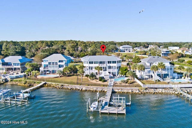 drone / aerial view with a water view