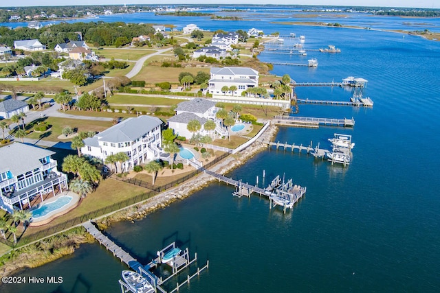 drone / aerial view with a water view