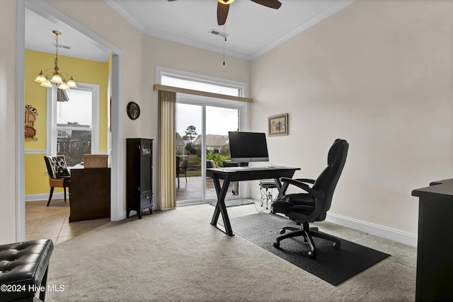 office space with light colored carpet, ceiling fan with notable chandelier, visible vents, baseboards, and ornamental molding