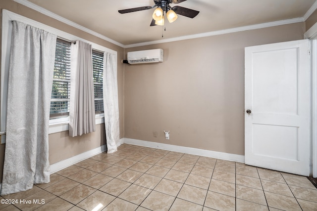 tiled spare room with ceiling fan, crown molding, and a wall mounted AC