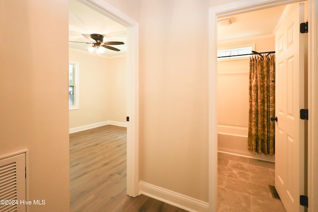 hall featuring crown molding, plenty of natural light, and hardwood / wood-style flooring