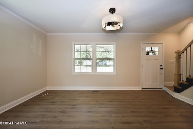 foyer entrance featuring dark hardwood / wood-style flooring, plenty of natural light, and ornamental molding