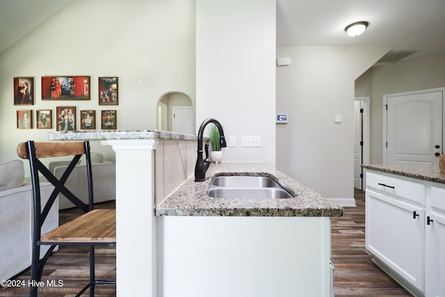 kitchen with sink, light stone countertops, dark hardwood / wood-style flooring, white cabinetry, and a breakfast bar area