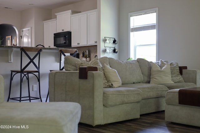 living room featuring dark wood-type flooring