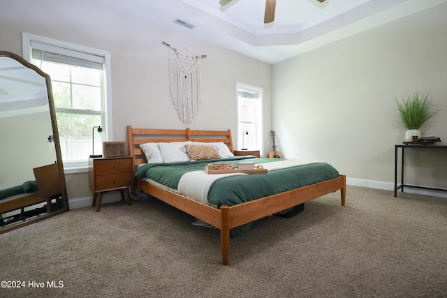 carpeted bedroom featuring a raised ceiling, ceiling fan, and ornamental molding