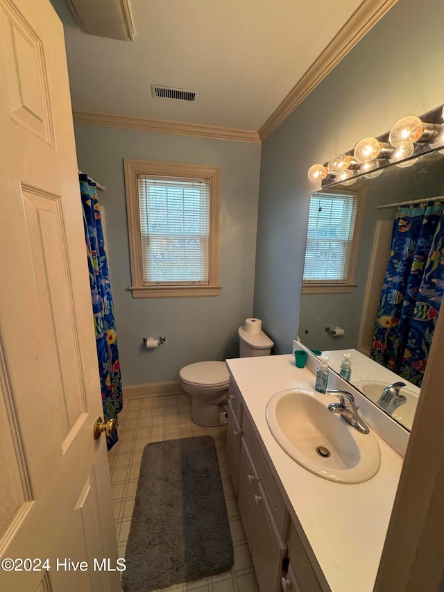 bathroom with vanity, toilet, and crown molding