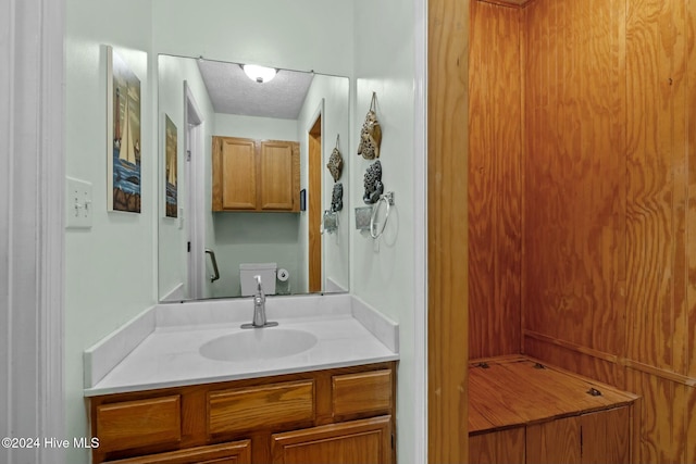 bathroom featuring vanity, a textured ceiling, and toilet