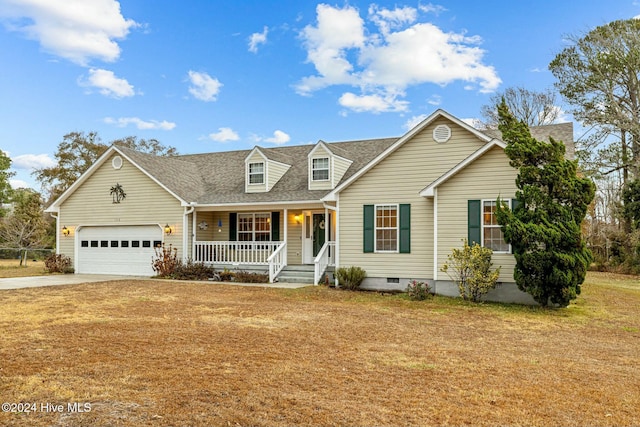 cape cod house with a porch and a garage