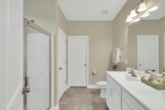 bathroom with tile patterned floors, vanity, toilet, and a shower with door