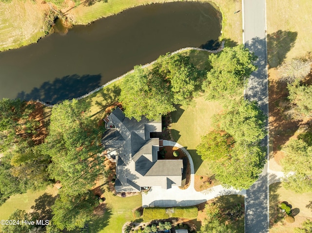 drone / aerial view featuring a water view