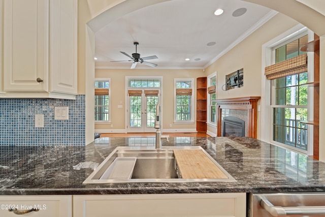 kitchen with ornamental molding, plenty of natural light, and a sink