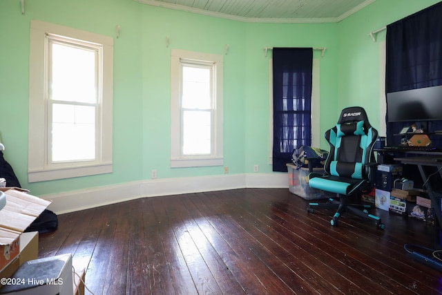 sitting room featuring hardwood / wood-style floors, plenty of natural light, and ornamental molding