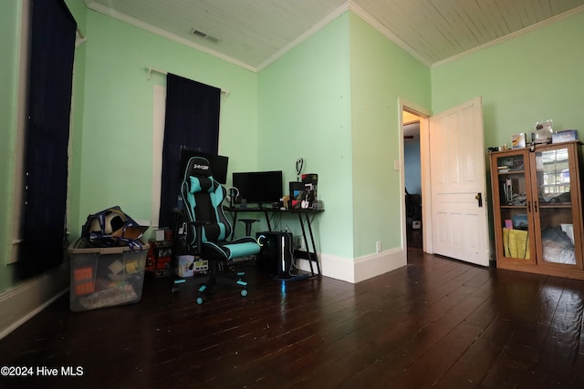 office featuring dark hardwood / wood-style flooring and crown molding