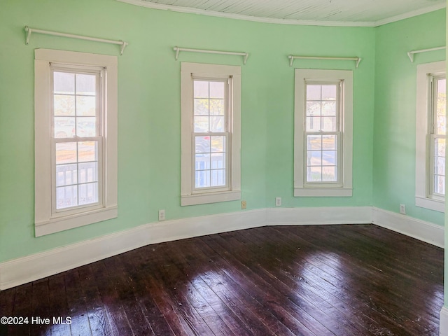 empty room with wood-type flooring and ornamental molding