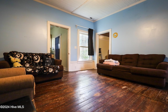 living room featuring dark hardwood / wood-style floors and ornamental molding