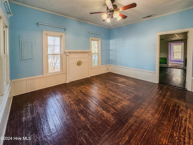 unfurnished room featuring ceiling fan, wood-type flooring, ornamental molding, and electric panel