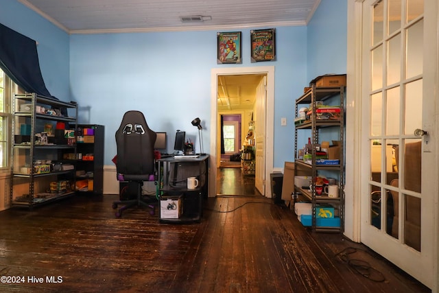 office area featuring dark hardwood / wood-style flooring, a wealth of natural light, and ornamental molding