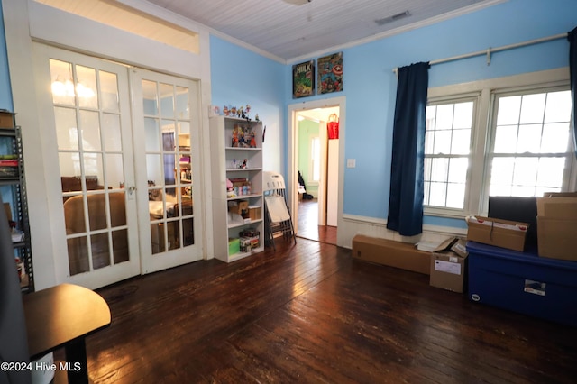 miscellaneous room featuring french doors, dark hardwood / wood-style floors, and ornamental molding