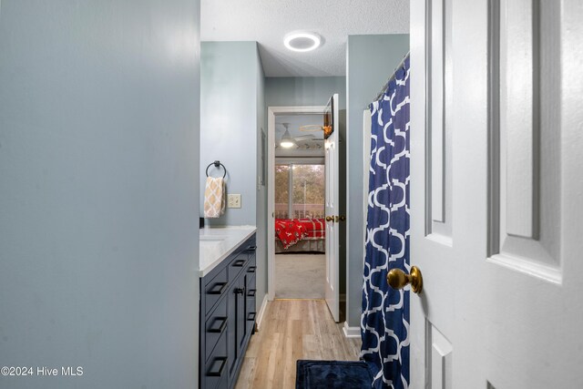 bathroom featuring vanity, a textured ceiling, and hardwood / wood-style flooring