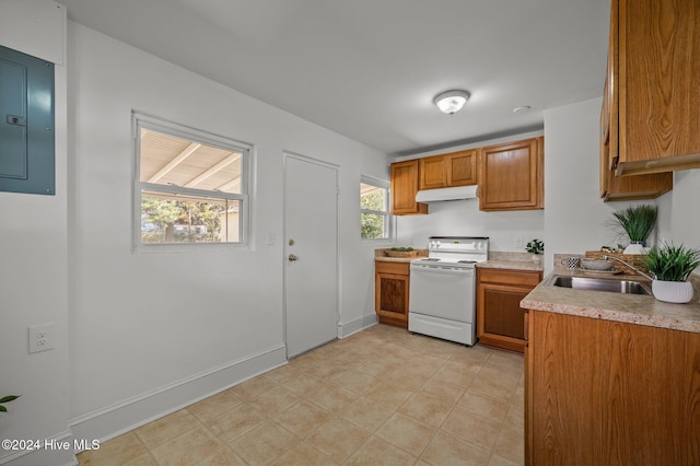 kitchen with electric stove, electric panel, and sink