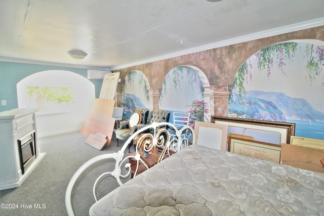 bedroom featuring ornamental molding and carpet floors