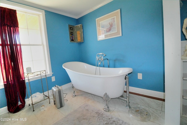 bathroom featuring crown molding and a bath