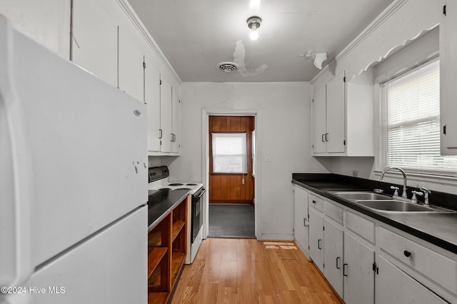 kitchen featuring sink, white cabinets, white appliances, and light hardwood / wood-style flooring