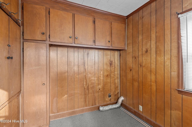 washroom with cabinets, carpet floors, electric dryer hookup, and wooden walls