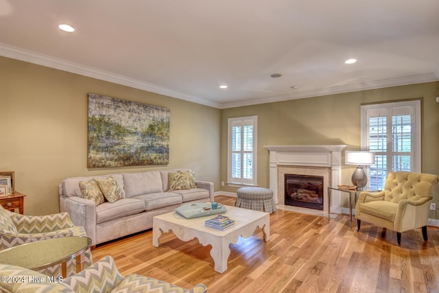 living room featuring a fireplace, light hardwood / wood-style floors, and crown molding