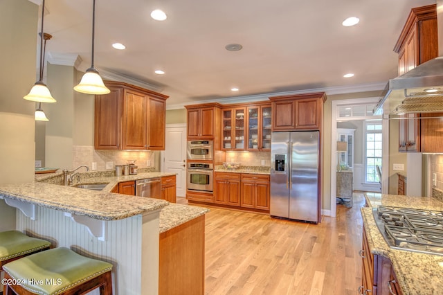 kitchen featuring sink, stainless steel appliances, light hardwood / wood-style flooring, decorative light fixtures, and ornamental molding