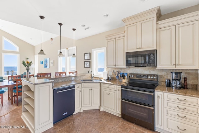 kitchen with decorative light fixtures, dishwasher, sink, double oven range, and kitchen peninsula