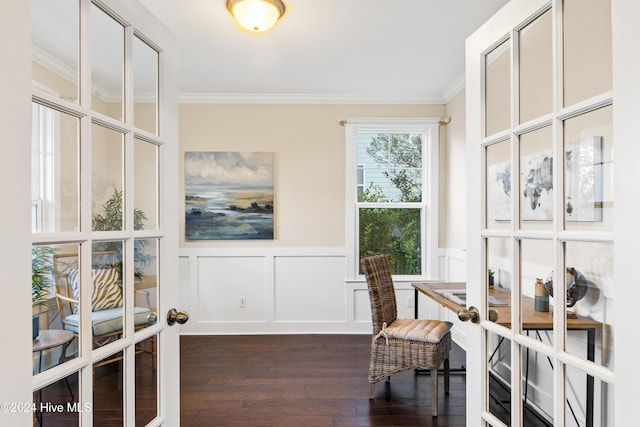 office area featuring french doors, dark hardwood / wood-style floors, and ornamental molding