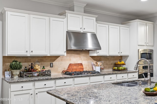 kitchen with sink, ornamental molding, range hood, white cabinetry, and stainless steel appliances