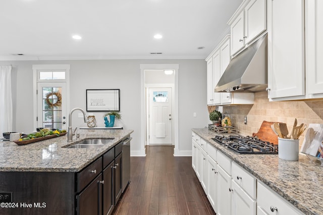 kitchen featuring dark wood-type flooring, sink, dark brown cabinets, white cabinetry, and gas cooktop