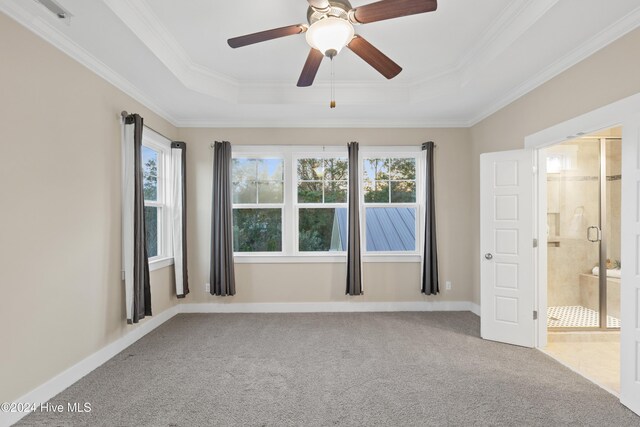 carpeted spare room with a raised ceiling, crown molding, and ceiling fan