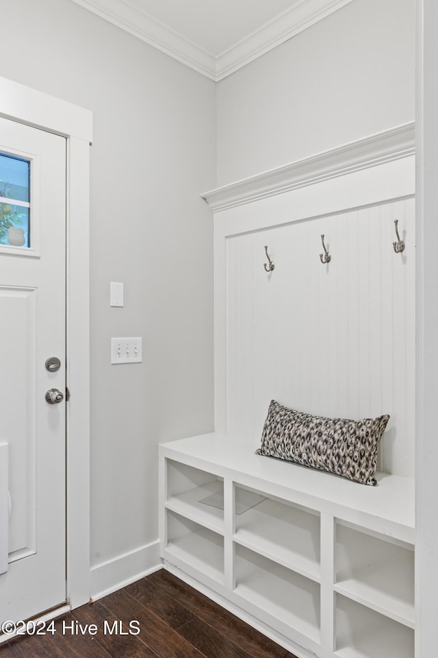 mudroom with dark hardwood / wood-style flooring and ornamental molding