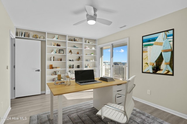 office area featuring ceiling fan and wood-type flooring